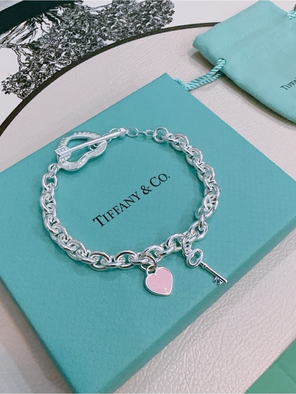 Tiffany & Co. Silver Toggle Charm Bracelet with Pink Heart & Key
